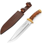Flissa 14-inch Bowie Hunting Knife, Full-tang Fixed Blade Wood Handle Knife with Leather Sheath f...
