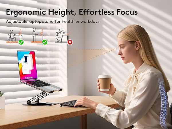 Text reads 'Ergonomic Height, Effortless Focus'. Multiple images showing an adjustable laptop stand in use on a desk, demonstrating various height positions.
