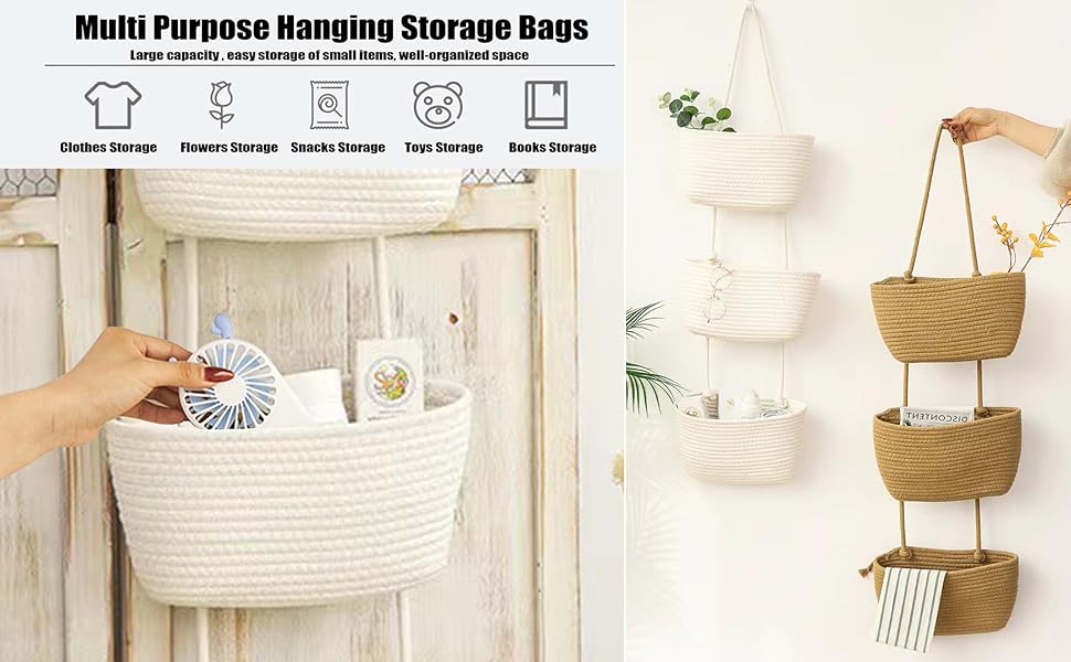AARAINBOW Large Wall Hanger with 3 Baskets Decorative Door Storage Hanging wall baskets for nursery