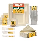 ECO SOUL 400 Pcs Compostable Dinnerware Set For 50 Guests, 50 Pcs Each Of Eco-Friendly White Disp...