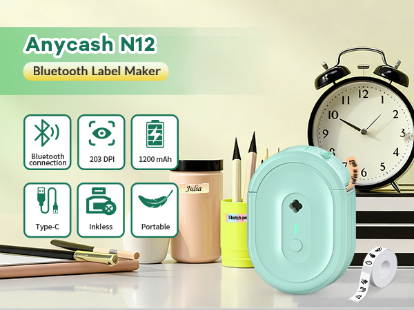 Anycash N12 Portable Bluetooth Label Maker with Tape