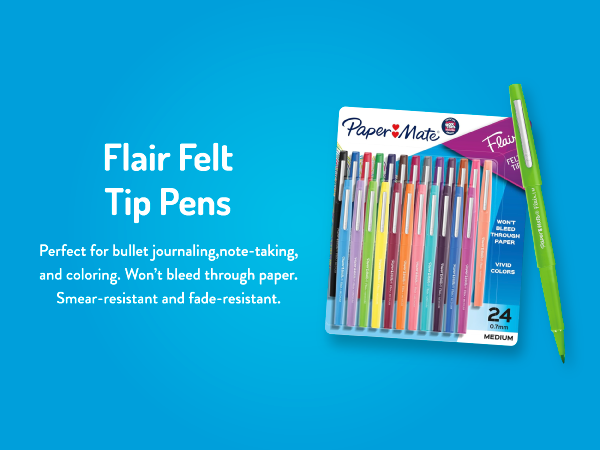 paper mate flair felt tip pens blue background teacher student bullet journaling smear fade bleed
