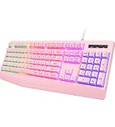 Pink Creamy Keyboard, Rainbow LED Backlit, 104 Keys Silent Light Up Gaming Keyboard with Wrist Re...