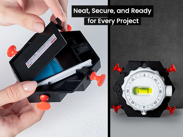 Zanis Laser Level with built-in storage holding accessories for organized projects.