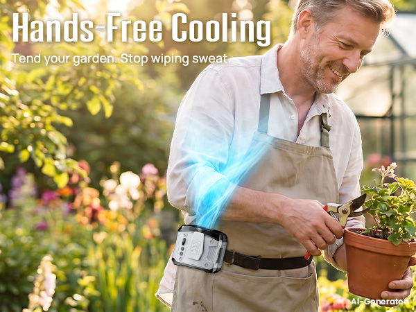 portable waist fan clip on keeps gardeners cooler while trimming, planting, mowing, and watering
