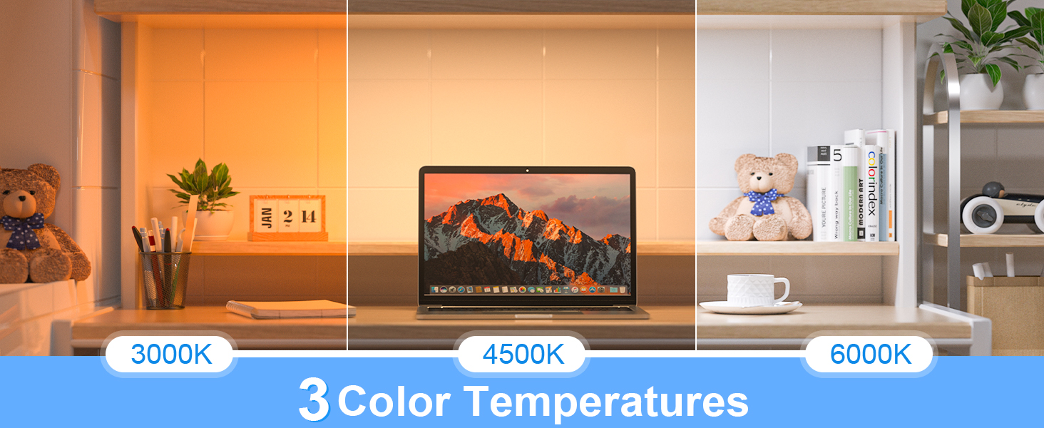 Three side-by-side images showing a desk setup under different color temperatures: 3000K (warm), 4500K (neutral), and 6000K (cool). Each displays varying ambiance effects.