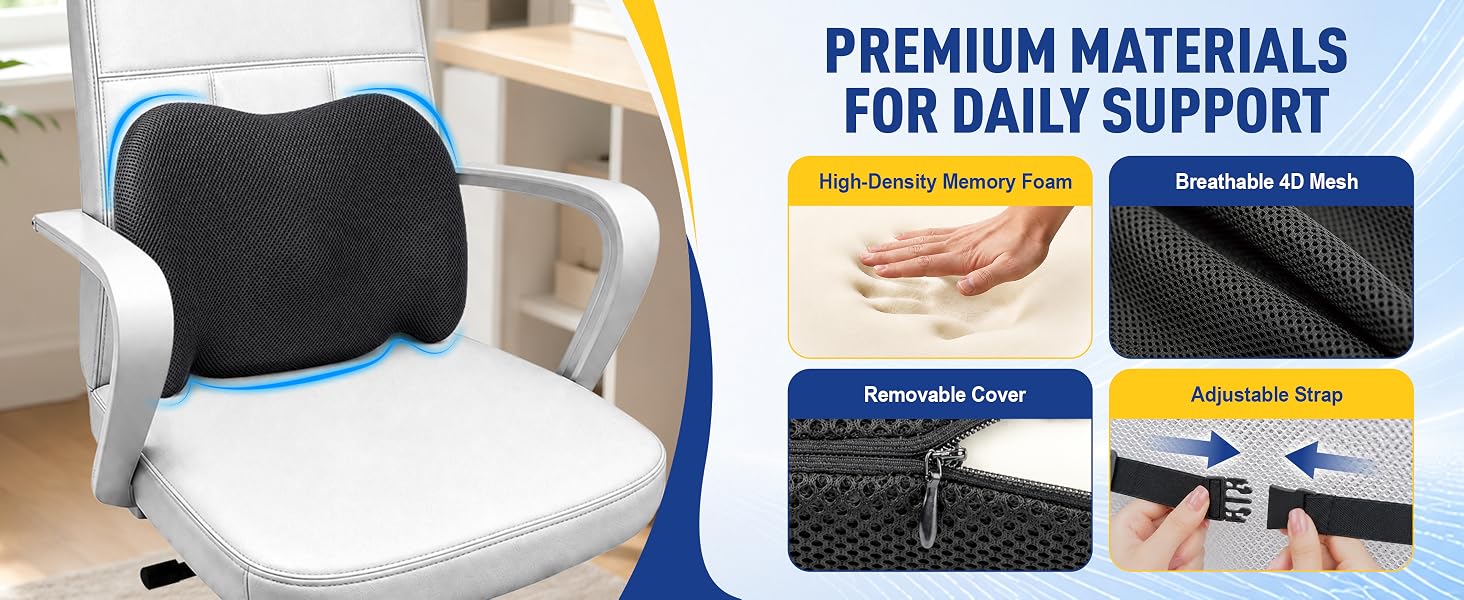 Back support pillow with memory foam, breathable mesh, and adjustable strap for daily comfort.