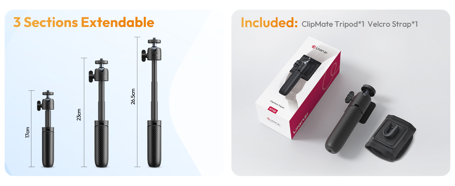 ULANZI MT88 ClipMate Camera Tripod, Selfie Stick w Velcro Strap &amp; Action Camera Adapter