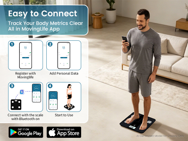 Easy to connect: Gain your complete body metrics via MovingLife app on Google Play and App Store