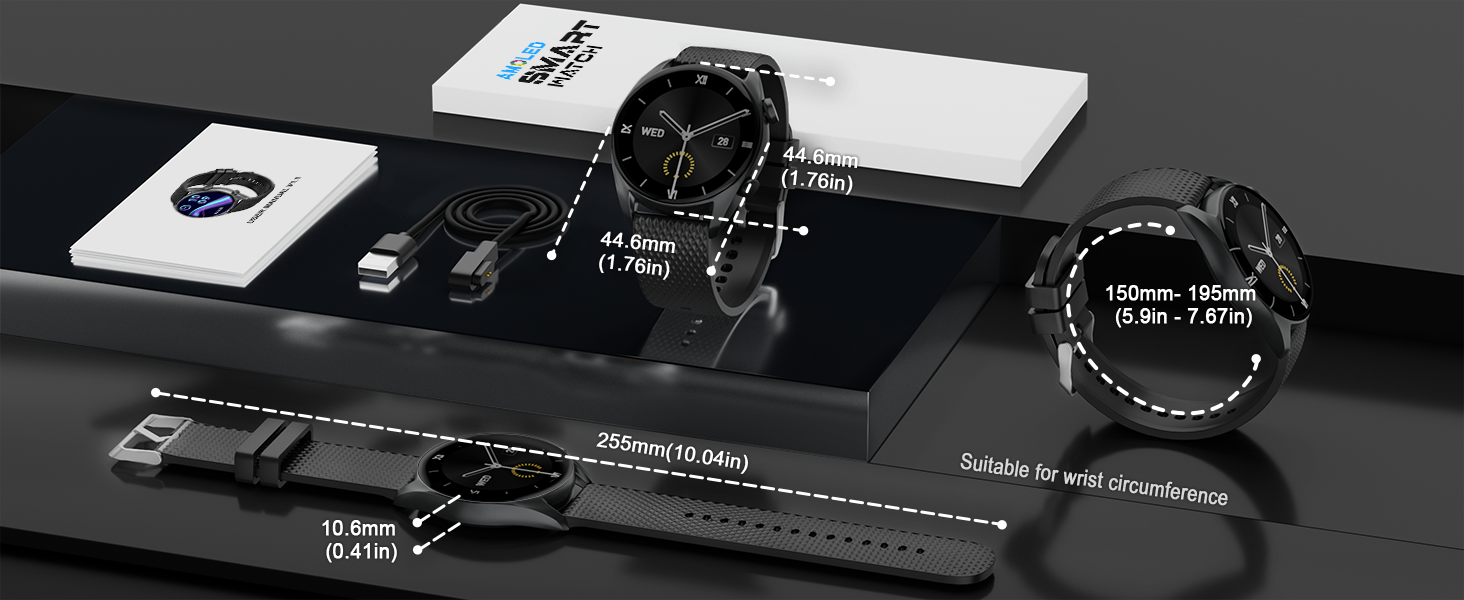 The size and packaging content of this smartwatch