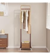 Taitiy Clothes Rack Solid Wood Coat Rack, Metal and Solid Wood Combination Clothing Rack with Whe...