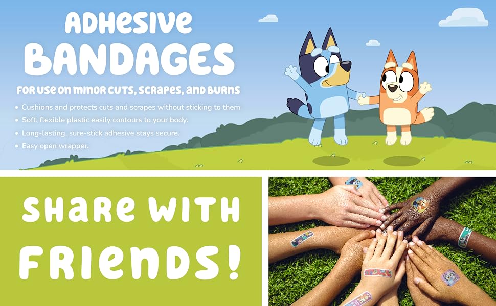 Bluey bandage product features with cartoon characters and hands wearing bandages.