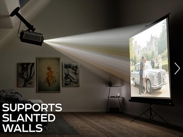 SUPPORTS SLANTED WALLS; angled mount projects onto screen in attic room.