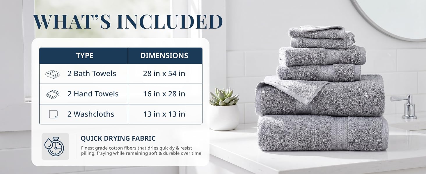 6 piece set includes - 2 Bath Towels, 2 Hand Towels, 2 Washcloths and quick drying