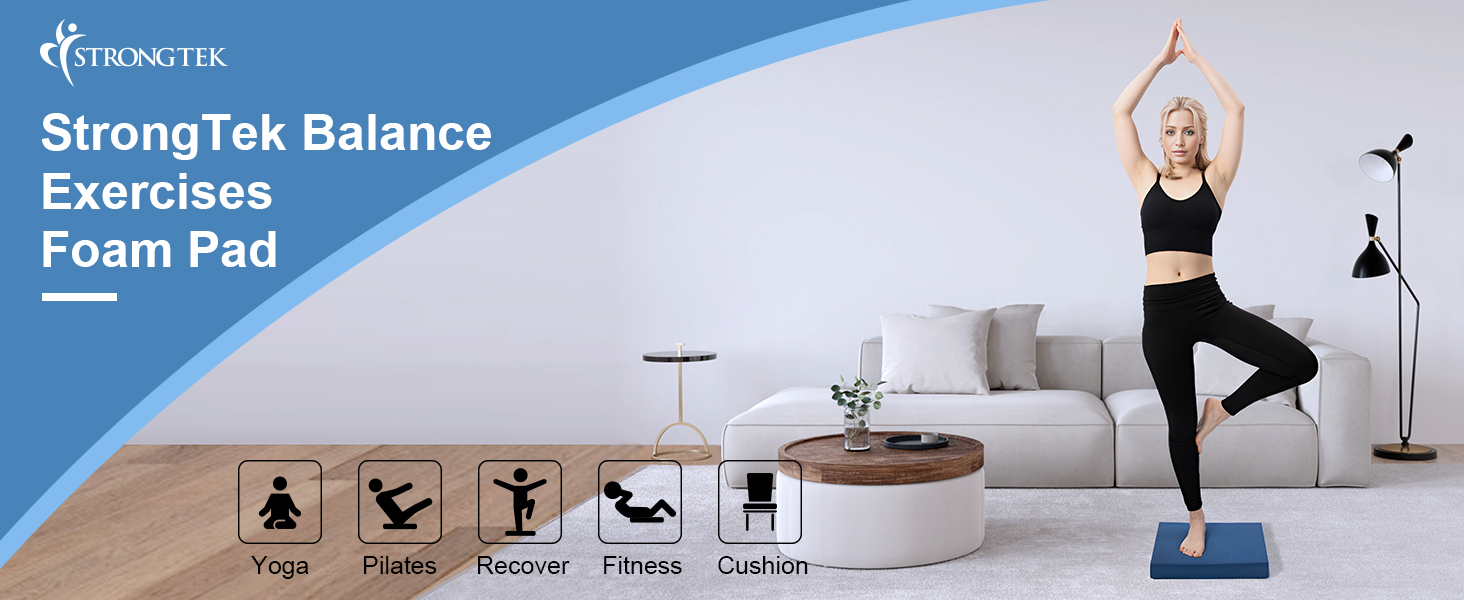 StrongTek Balance Exercises Foam Pad: Blue rectangular foam pad for yoga, Pilates, and fitness. Woman demonstrating tree pose. Icons show various exercise types.