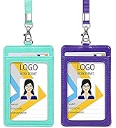 Teskyer 2 Pack Leather Badge Holder, 2 Card Slot ID Badge Holder with 19" Neck Lanyard, Vertical ...