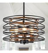 Bargeni Chandelier,13 Inch Dining Room Light Fixture,Matte Black Finish with Wood-Like Interior,A...