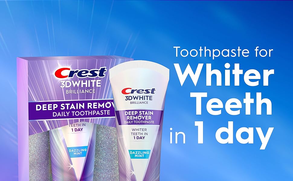 Crest 3DWhite Brilliance Deep Stain Remover Dazzling Mint toothpaste, for whiter teeth in 1 day.