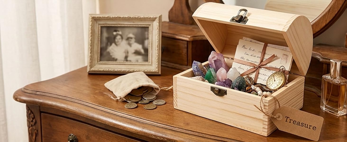 Wooden Treasure Chest Box with Hinged Lid &amp;amp; Vintage Clasp
