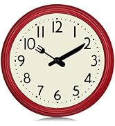 Lafocuse Retro Silent Kitchen Wall Clock with Knife &amp; Fork Hands, 9.5 Inch Small Vintage Red Wall...