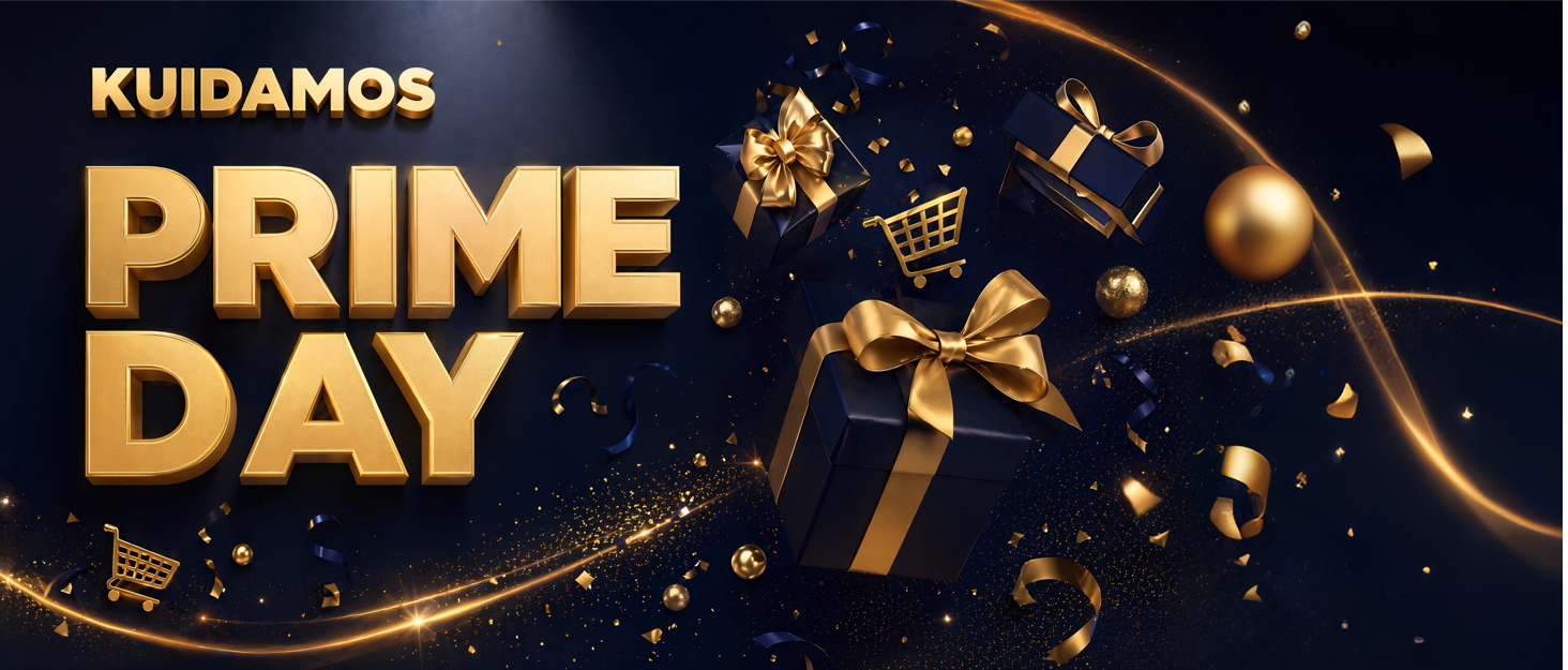 Text reads "KUIDAMOS PRIME DAY" in gold letters on dark blue background with scattered gift box and ribbon graphics.
