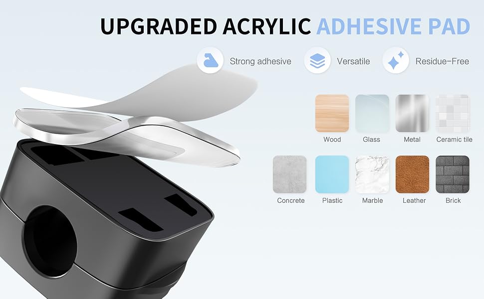 Acrylic adhesive pad with dispenser. Black base unit with clear cover. Multiple color options shown for adhesive pads including white, blue, and brown.