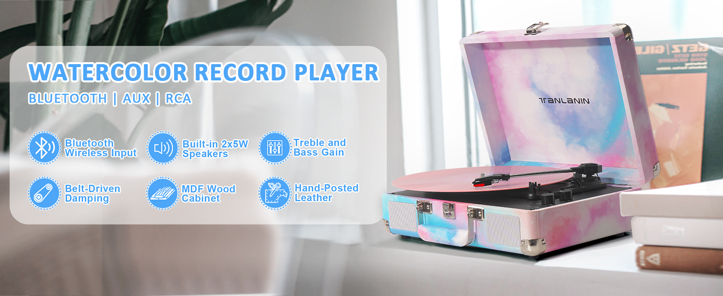 Watercolor Vinyl Record Player with Treble &amp;amp; Bass Control,