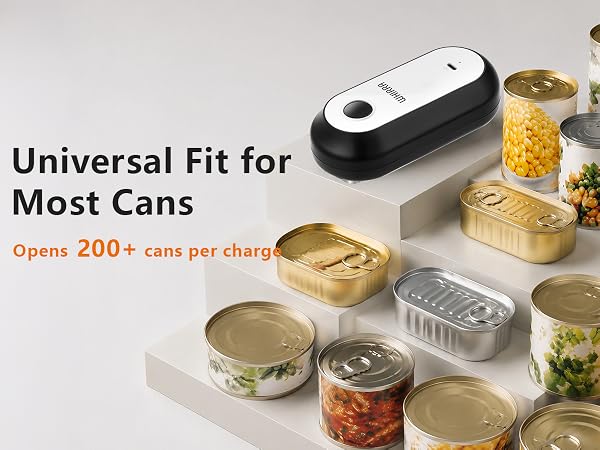 Electric can opener opening different sizes of cans, designed for convenient everyday kitchen use.