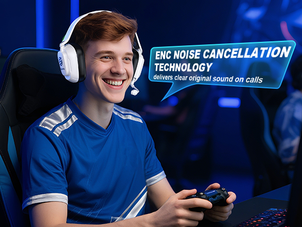 Text reads: 'ENC NOISE CANCELLATION TECHNOLOGY'. Multiple panels showing gaming headset usage in blue-tinted lighting environment.