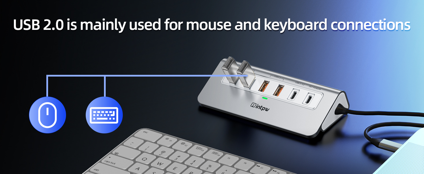 USB hub with multiple ports on a desk, connected to a keyboard. Icons for power and keyboard visible. Text states USB 2.0 is used for mouse and keyboard connections.