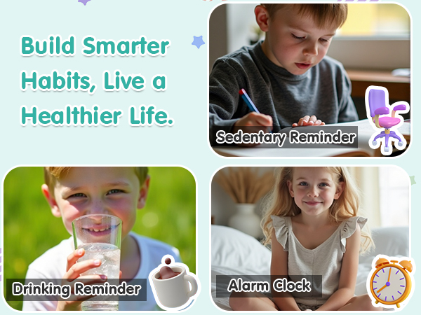 Text reads: 'Build Smarter Habits, Live a Healthier Life.' Four-panel app interface showing features including 'Sedentary Reminder', 'Drinking Reminder', and 'Alarm Clock'.