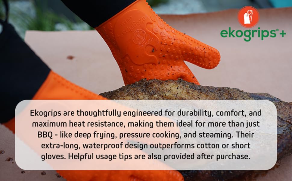 Ekogrips gloves providing safe handling of hot meat with waterproof and extra-long cuff design.