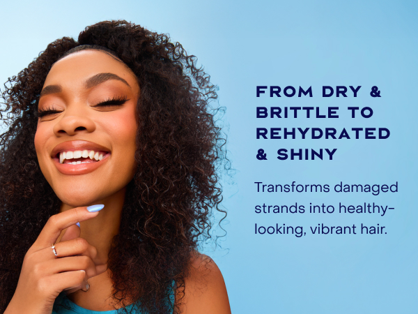 Image of a black woman with curly hair next to text: "from dry &amp; brittle to rehydrated &amp; shiny".