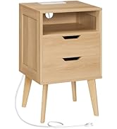 MAHANCRIS Natural Nightstand with Charging Station, Modern Bedside Table with 2 Storage Drawers, ...