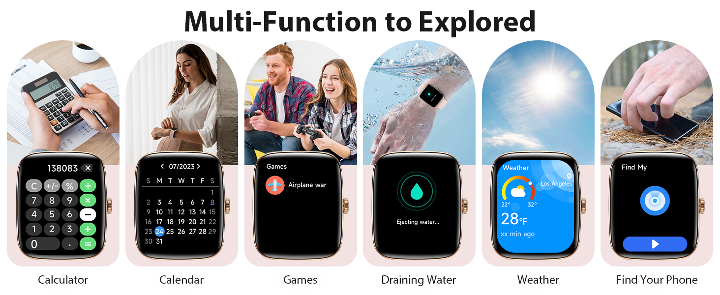 Android and iPhone compatible smartwatch with weather, music, calendar, alarms, and reminders