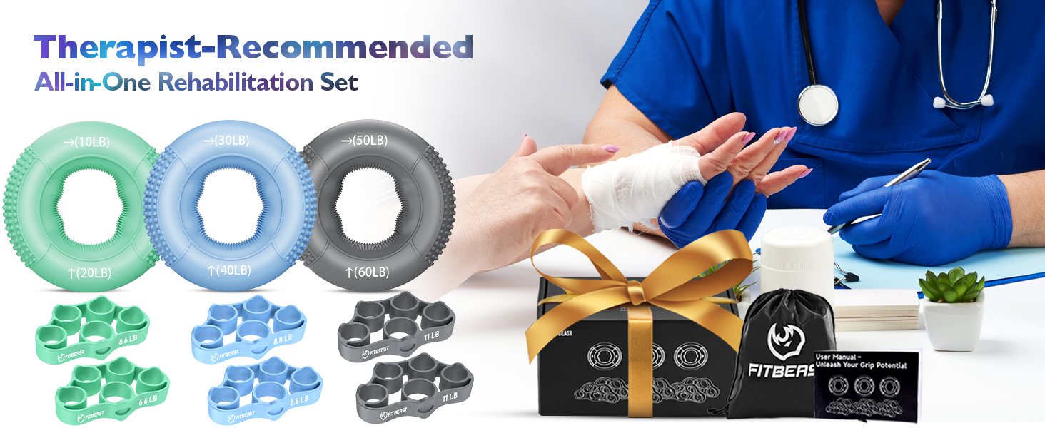 Text reads 'Therapist-Recommended All-in-One Remediation Set'. Product display showing hand therapy grip strengtheners in green, blue, and gray with exercise demonstrations.
