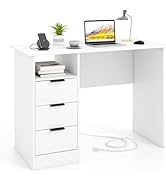 Giantex White Desk with Drawers, Modern Home Office Desk Writing Study Desk with Charging Station...