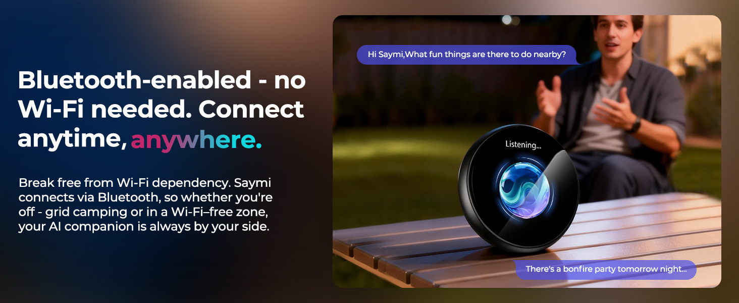 Text reads 'Bluetooth-enabled - no Wi-Fi needed. Connect anytime, anywhere. Break free from Wi-Fi dependency.' Marketing banner showing dark circular device against outdoor evening scenes.