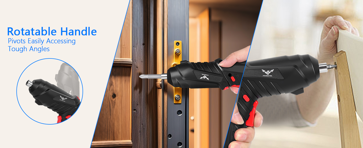 Cordless screwdriver with rotatable handle demonstrated in three scenarios: close-up of handle, use on door lock, and use on furniture assembly. Features adjustable grip angles for versatile application.