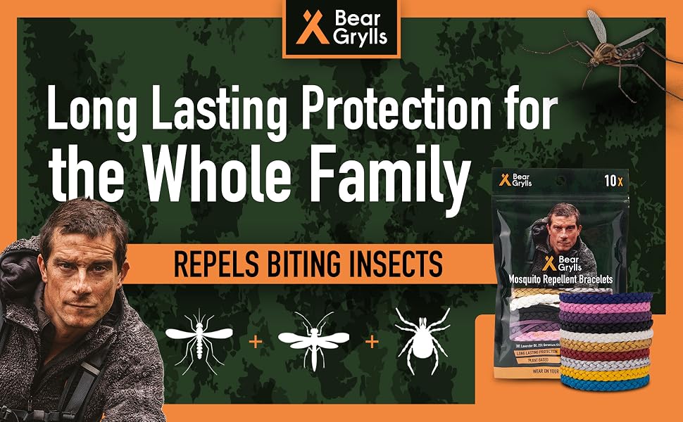 Bear Grylls insect repellent product advertisement showing protection against biting insects, featuring colorful wristband products.