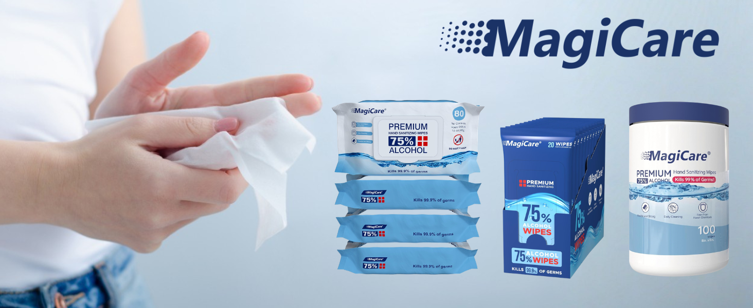 Person using a MagiCare premium wipe on their hands next to various packaging size options