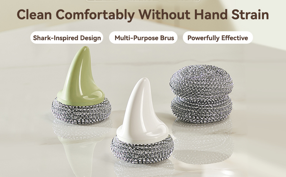 Ergonomic shark-fin handle scrubber with PET scouring pad for comfortable and effortless cleaning.