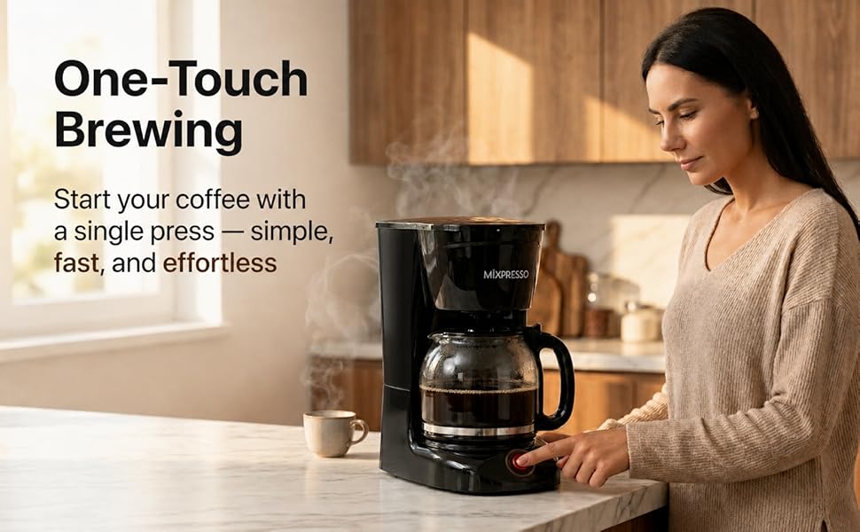 Woman using one-touch button on Mixpresso coffee maker to brew coffee