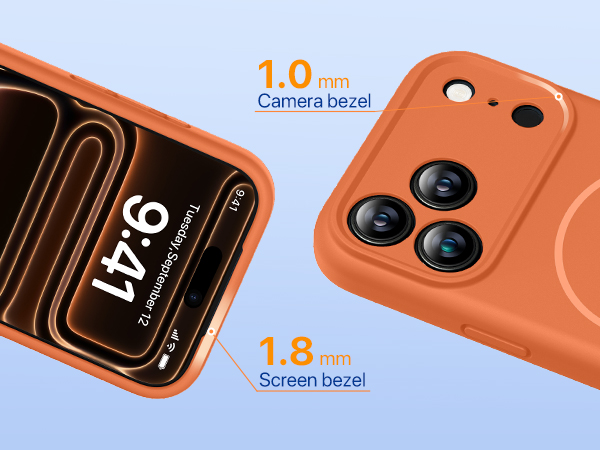 Text reads '1.0MP Camera bezel' and '1.8mm Screen bezel'. Product images showing orange device bezels with camera and screen specifications in technical illustration style.