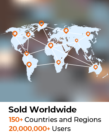 World map graphic showing global distribution network with orange location markers and connecting lines, indicating presence in 150+ countries with 20,000,000+ users.