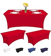 CXPSINC 3 Pack (4FT) Red Stretch Rectangular Tablecloth, 90% Polyester, 10% Spandex, Wrinkle Resi...