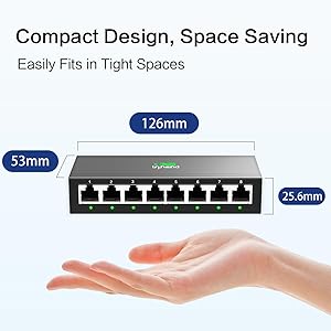 Text reads 'Compact Design, Space Saving', '126mm', '53mm', '42.6mm'. Technical diagram showing dimensions of a networking or electronic device with measurements.