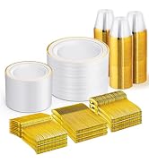 WELLIFE 600 PCS Gold Disposable Dinnerware Set for 100 Guests, Gold and White Plastic Plates for ...