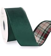 Ribbli Forest Green Velvet Wired Ribbon with Plaid Reversible 2.5 Inch Christmas Ribbon for Gift ...
