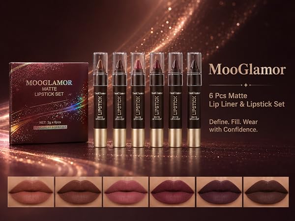 MooGlamor 6 Pcs Matte Lip Liner and Lipstick Set